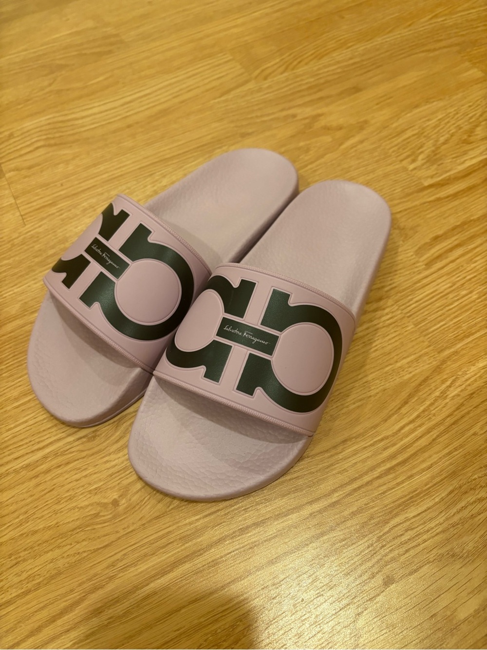 Salvatore Ferragamo Lilac Slide Sandals with Black Logo Strap